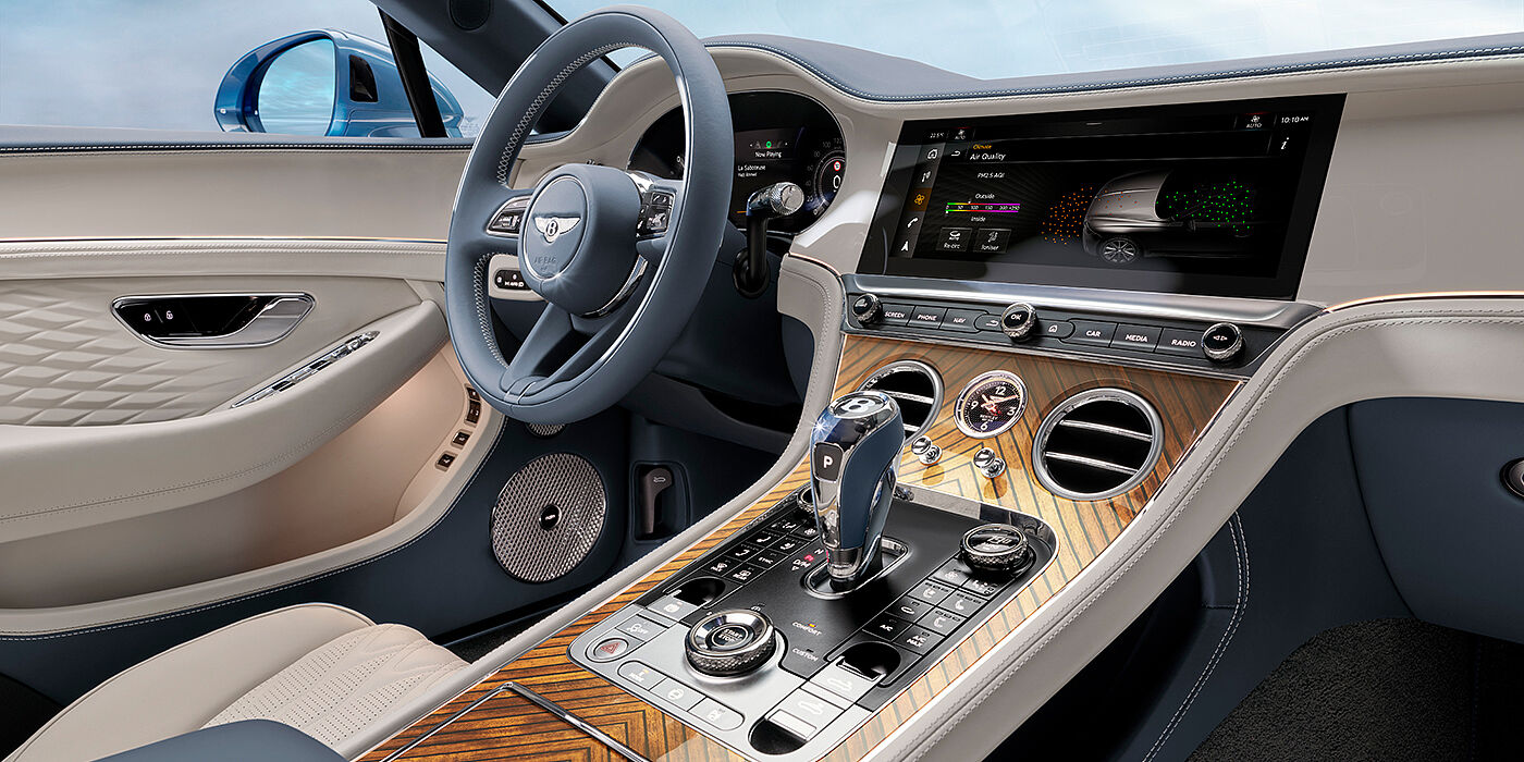Bentley Al Khobar New Bentley Continental GTC Azure convertible interior front cabin view with Linen and Brunel hides and Piano Linen by Mulliner veneer featuring centre console and centre MMI screen
