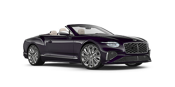 Bentley Al Khobar Bentley New Continental GTC Mulliner convertible front three quarter view in Damson paint with 22 inch Mulliner painted and polished wheel