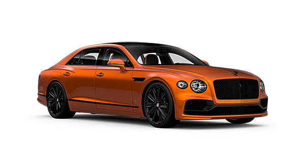 Bentley Al Khobar Bentley Flying Spur Speed front side angled view in Orange Flame coloured exterior. 
