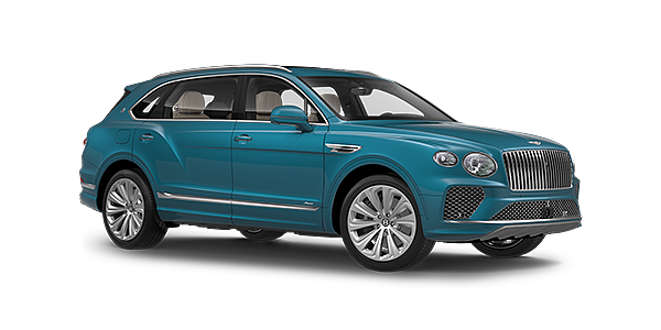 Bentley Al Khobar Bentayga Extended Wheelbase Azure luxury SUV front three quarter in Topaz Blue by Mulliner paint