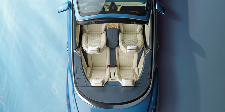 Bentley Al Khobar New Bentley Continental GTC Azure convertible in Light Windsor blue paint overhead view of cabin with stitched Linen and Brunel hides