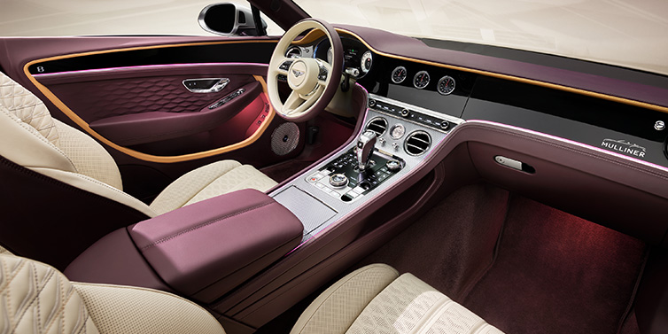 Bentley Al Khobar Bentley Continental GTC Mulliner convertible front interior including Linen and Damson purple hides and Grand Black veneer