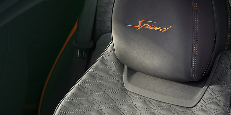 Bentley Al Khobar Bentley Continental GT Speed coupe seat detail in Gravity Grey hide and Speed emblem in Mandarin by Mulliner coloured embroidery