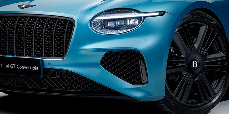 Bentley Al Khobar New Bentley Continental GT Azure coupe bonnet detail with Blackline Specification including black grille and wheels with Light Windsor blue paint