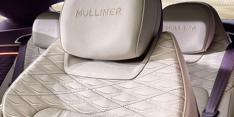 Bentley Al Khobar Bentley Continental GT Mulliner coupe seat detail in Linen leather with Mulliner Diamond in Diamond quilting and Mulliner embroidered seat emblem